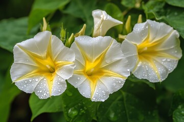 Obraz premium A white Hibiscus flower with a yellow center and raindrops on its petals is set against a backdrop of lush greenery in this close-up shot