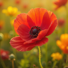 Striking Red Poppy Close-up in Golden Sunlit Meadow Setting