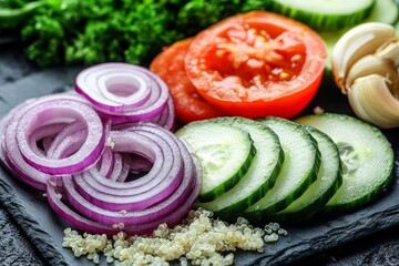 A healthy and colorful meal option, this vibrant quinoa salad boasts fresh ingredients like tomatoes, cucumbers, and red onions, making for a tasty and delicious closeup ready to eat