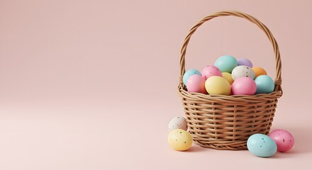Basket Full of Pastel Eggs on Pink Background for Holiday Celebration