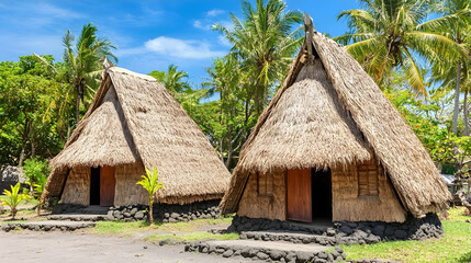 Two Traditional Thatched Huts in a Tropical Village Setting With Lush Green Foliage and Clear Blue Skies on a Sunny Day