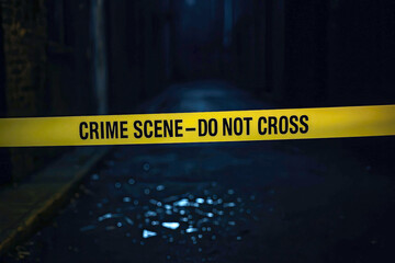 Yellow "Crime Scene – Do Not Cross" tape blocking a dark, wet alleyway at night with dim lighting


