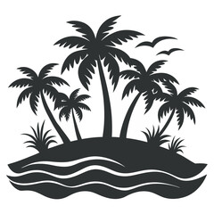 Silhouette of a Tropical Island Paradise with Palm Trees, Gentle Waves