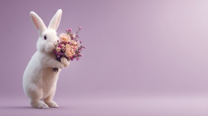 Obraz premium easter eggs festive decorations. Adorable White Rabbit Holding a Bouquet of Flowers on a Light Purple Backdrop for a Celebratory Feel.