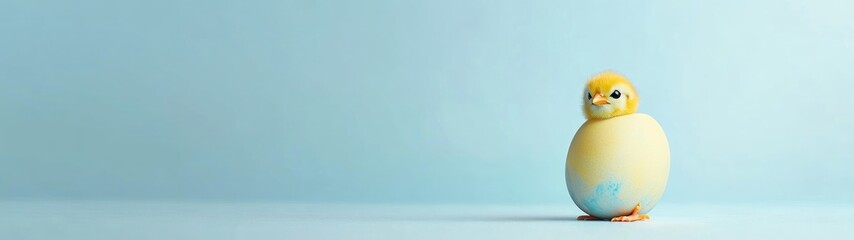 easter eggs festive decorations. Adorable Yellow Chick Hatching from a Pastel Egg on Light Blue Background Easter Springtime Concept.