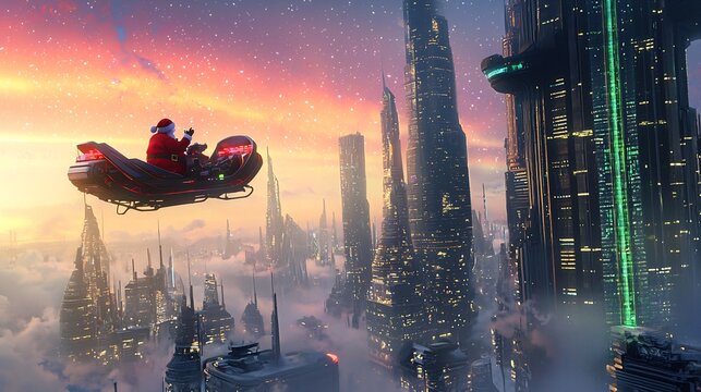 Santas hover sleigh zooming past futuristic skyscrapers under glowing aurora sky