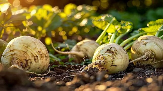 close up of rutabaga in the garden. selective focus