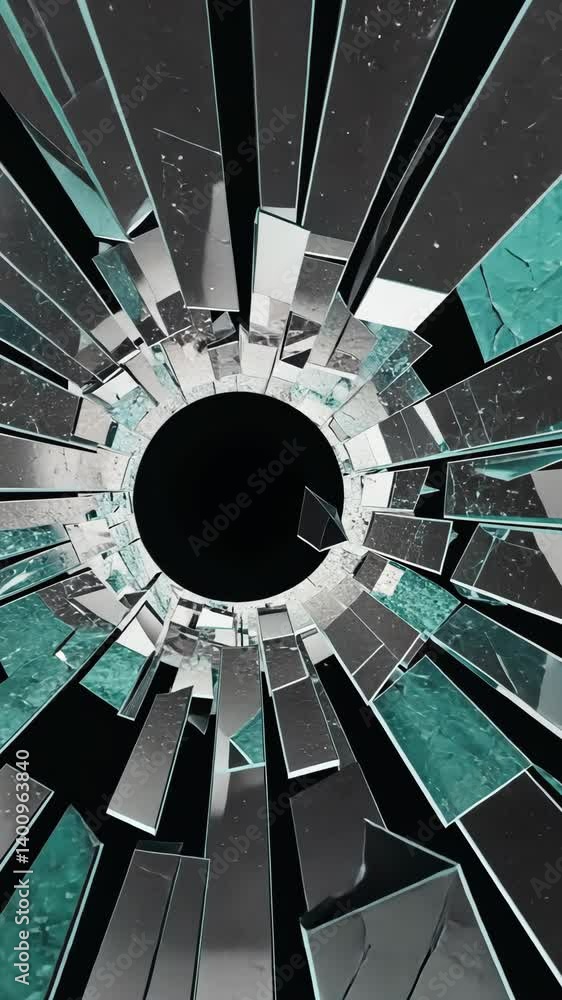 Poster abstract tunnel design featuring geometric glass shards forming a circular shape on black background