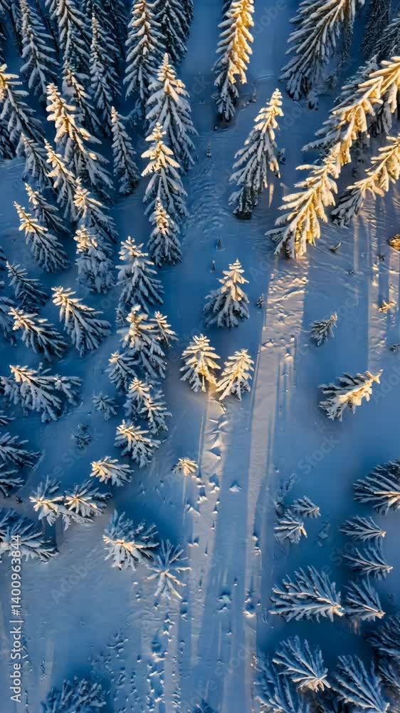 Poster aerial view of snow covered conifer trees in a dense forest during winter with beautiful shadows and