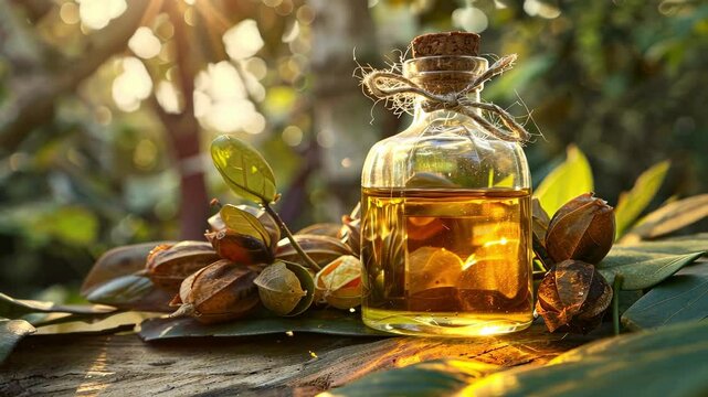 sacha inchi essential oil. Selective focus