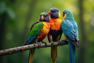 Obraz premium A family of birds perched on a branch with intertwined wings , nature, branches