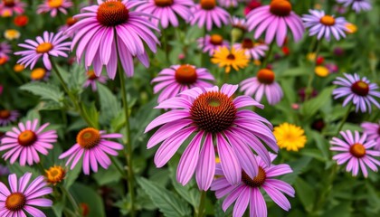 Purple coneflower blooms amongst other wildflowers in a classic Cape Cod garden, colorful, outdoor