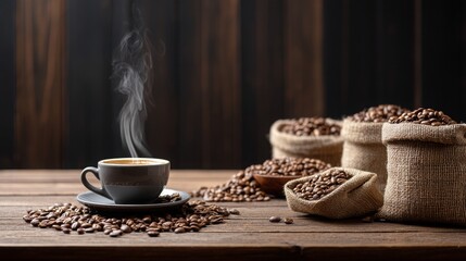Aromatic Coffee Cup on Wooden Table with Fresh Coffee Beans