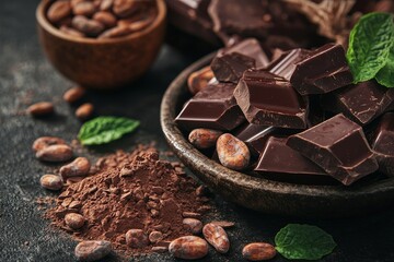 A close-up of a cocoa bean on a rustic surface highlights the raw ingredients and intense flavors that define the art of crafting premium chocolate, accompanied by pieces of chocolate