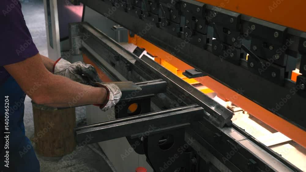 Poster sheet metal bending process in action at a manufacturing workshop