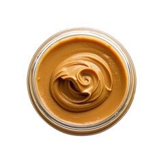 Creamy peanut butter swirls in a glass jar, rich and decadent texture, irresistible nutty aroma transparent background.