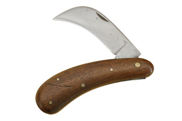 folding pruning knife with curved long blade on white background
