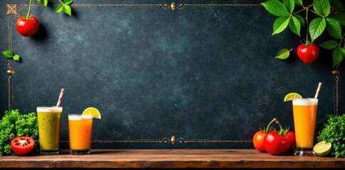 Menu board with chalkboard background featuring food items and drinks , food presentation, meal display