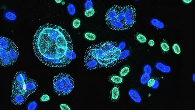 Fluorescently labeled cells including phagocytes and bacteria visualized under a microscope on a black background, science concept