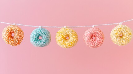 five brightly colored donuts hanging from white string. The donuts are orange, blue, yellow, and pink, and sprinkled with sugar-like grains. 