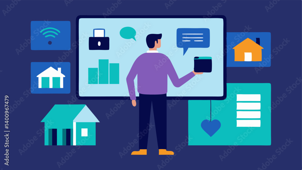 Poster market exploration a buyer standing in front of a large screen showcasing various properties on the 