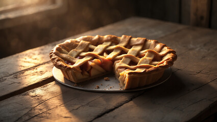 Golden-crusted apple pie, a slice missing, sits on a rustic wooden table bathed in warm afternoon sunlight, inviting a comforting and delicious moment.
