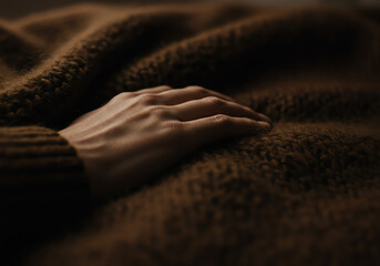 Close-up of a hand gently stroking fluffy wool with warm lighting and cozy mood