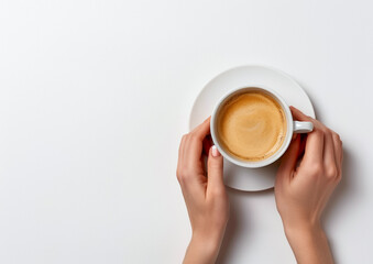 Woman hands and cup of coffee with saucer on white background.
