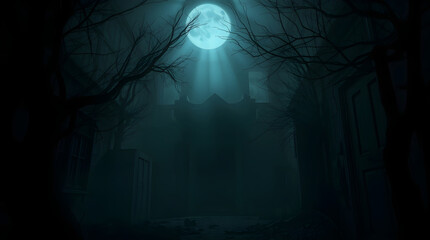 Dark alley under moonlight with eerie atmosphere. .AI image