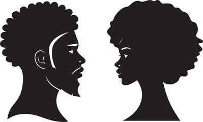 African Silhouette Profile Portraits &ndash; Minimalist Black & White Vector Art of Man & Woman with Afro Hairstyles