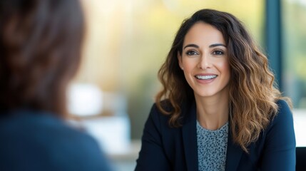 Female hiring manager reviewing resume with prospective candidate during formal job interview in contemporary office space. Professional recruitment process and career advancement opportunity.