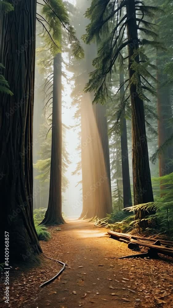 Poster pathway through a lush, evergreen forest with towering trees and sunlight streaming through the cano