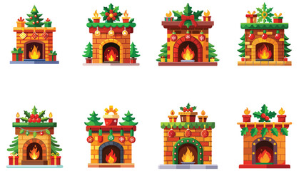 Set of Christmas  fireplaces isolated on white background