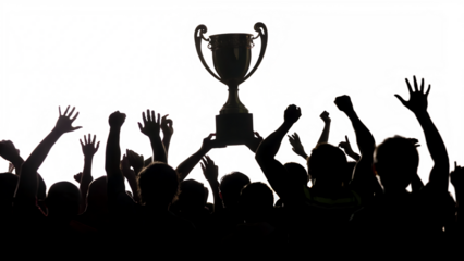 Crowd Celebrating Victory with Trophy Silhouette Isolated on White Background