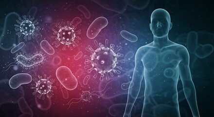 Fototapeta premium Glowing Human Body and Microbes in Dark Red and Blue Background