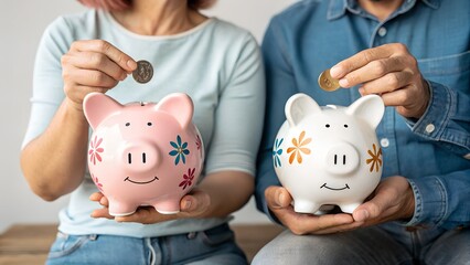  piggy bank savings man and women,  piggy bank and man, women , happy couple saving their monkey in piggy bank, saving money happy couple , Banking, Savings, and Wealth Management