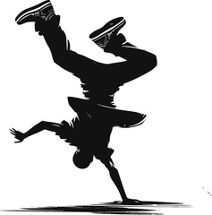 "Vector silhouette of a 1990s breakdancer mid-flip surrounded by abstract graffiti strokes, black-only color palette, exaggerated body motion, street rebel vibe"