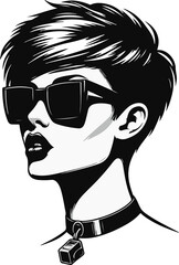 "Black vector headshot of a female raver from the 1990s, pixie haircut, cyber shades, whistle around neck, bold lip shape, clean minimal line art with sharp contours"