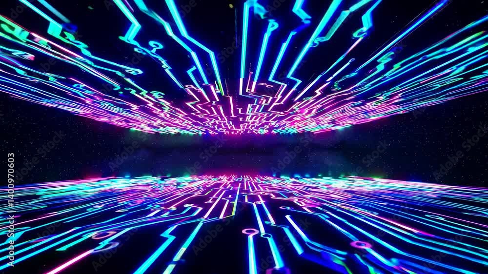 Poster futuristic video concept with neon circuit lines, creating a digital landscape. low-angle view enhan