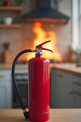 Naklejka premium A red fire extinguisher stands prominently in the foreground, sharply focused, while flames erupt from a stove