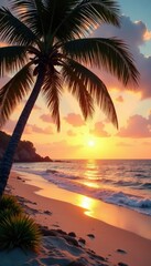 Palm trees sway gently in the ocean breeze on a warm sandy beach at sunset, beachy, tropical