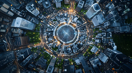 Aerial View Of Circular Urban Cityscape At Night