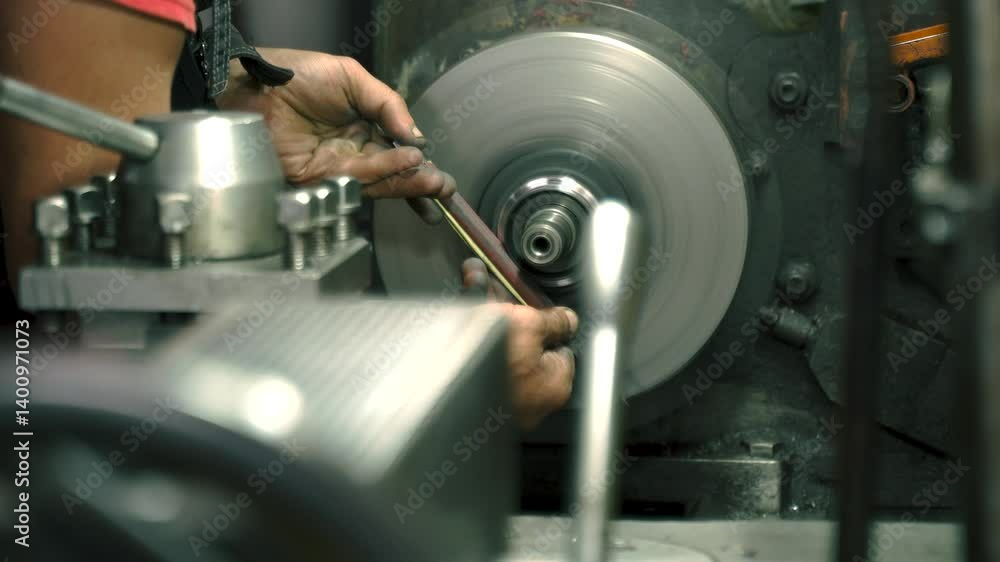 Poster Masterful grinding on a lathe reveals precision engineering in action