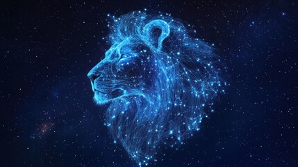 A Blue Futuristic Representation Of A Lion Against the Cosmos