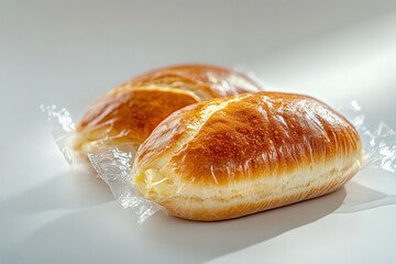 Two golden brown baked pastries wrapped tightly in plastic