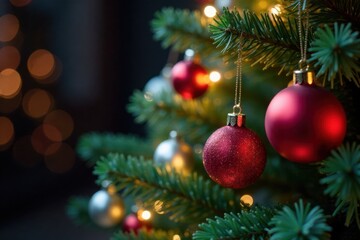 Fototapeta premium Colorful winter ornaments on a beautifully lit Christmas tree, Christmas, Ornaments