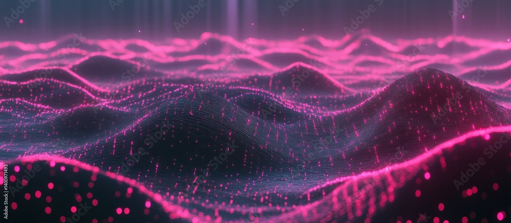 Poster abstract visualization of technological landscapes with luminous pink patterns
