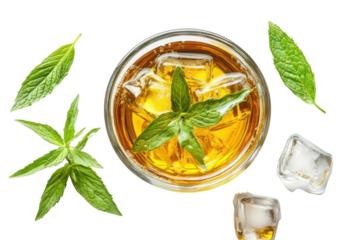 Refreshing iced tea with mint leaves and ice cubes a vibrant summer drink top view against a black background