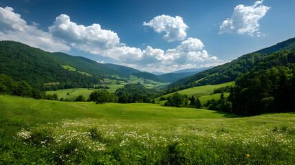 Fototapeta premium Green Meadow Valley With White Flowers And Hills Under Sunny Blue Sky