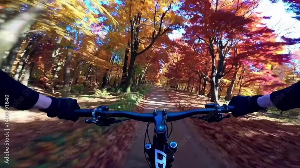 Poster pov video of mountain biking through a vibrant autumn forest, capturing dynamic motion and colorful 